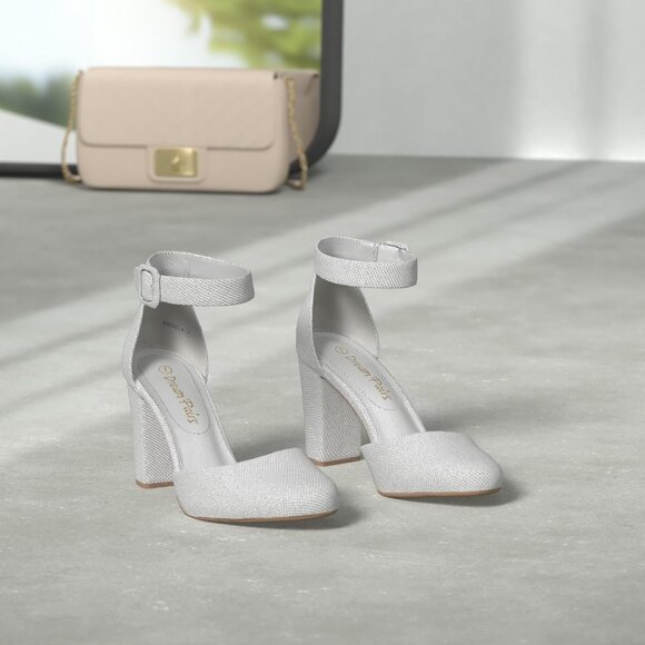 Dream Pairs Women Silver Glitter Faux Suede Block High Heel Closed Toe Sandal - Picture 2 of 8